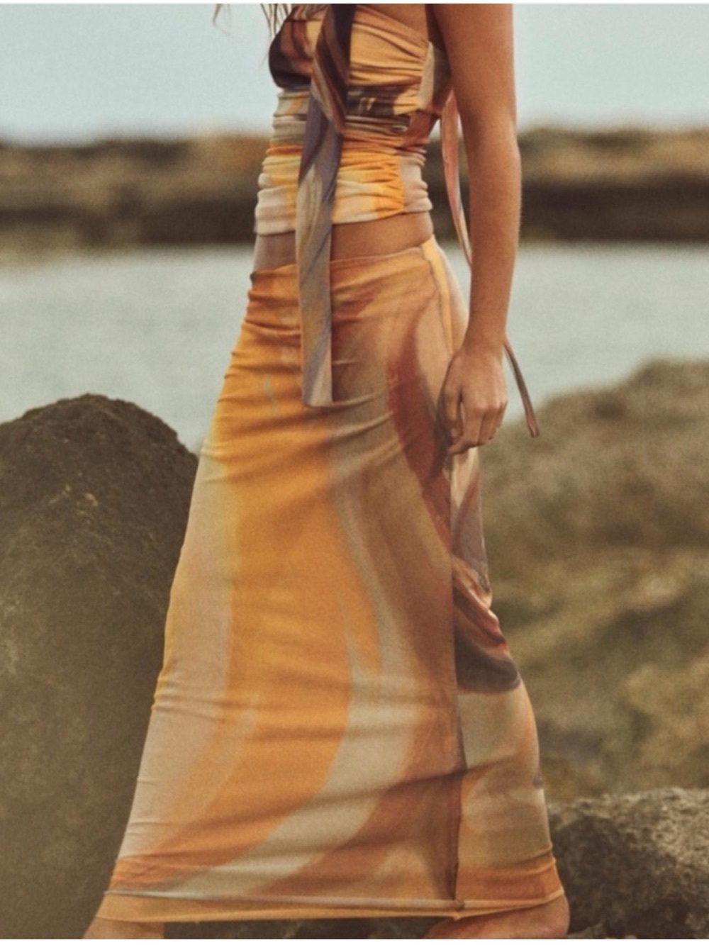 Zara Marble-Print Midi Skirt in Yellow, Brown and Cream